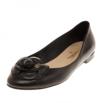 Chanel Black Leather Camelia Flower Ballet Flats Size 39