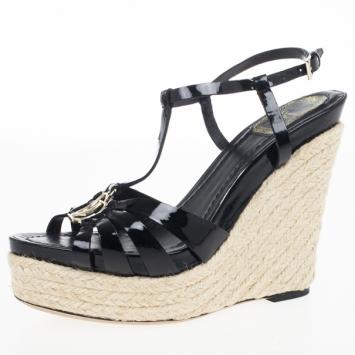 Dior Black Patent CD2 T Strap Espadrilles Wedges Size 38.5