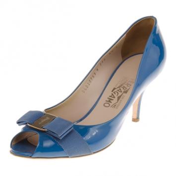 Salvatore Ferragamo Blue Patent Vara Bow Peep Toe Pumps Size 39