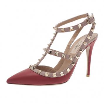 Valentino Red and Beige Leather Rockstud Sandals Size 36