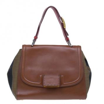Pre Owned Fendi Brown Leather and Canvas Silvana Top Handle Bag