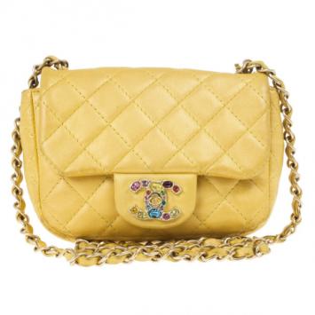 Chanel Yellow Lambskin Extra Mini Classic Flap Bag With Stones