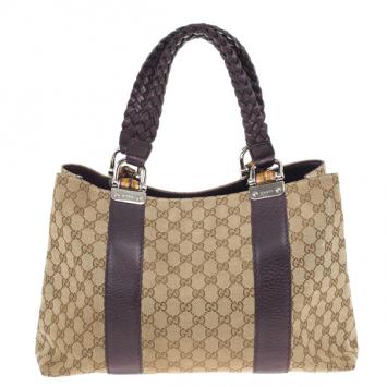 Gucci Beige/Ebony GG Canvas Bamboo Bar Medium Tote Bag