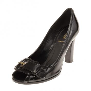 Fendi Black Patent B Buckle Peep Toe Pumps Size 39