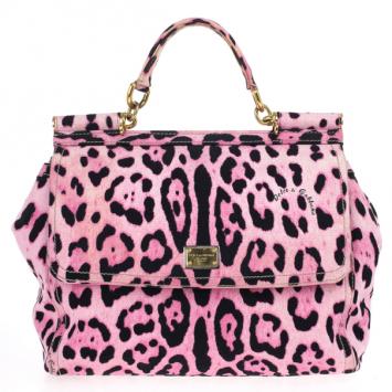 Dolce and Gabbana Pink Leopard Canvas Miss Sicily Satchel