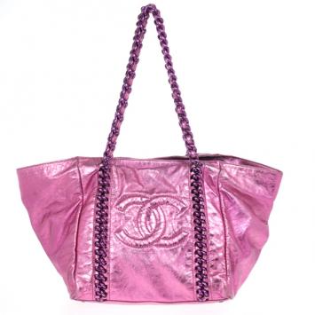 Chanel Metallic Pink Cracked Calfskin Leather Modern Chain Large Tote Bag