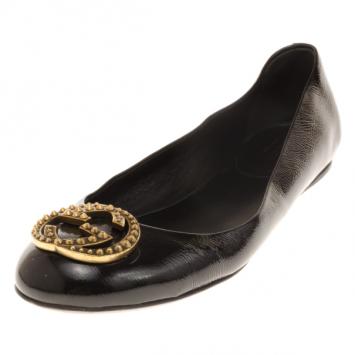 Gucci Black Patent GG Studded Ballet Flats Size 38