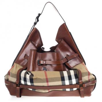 Burberry Brown Leather Bridle House Check Hobo