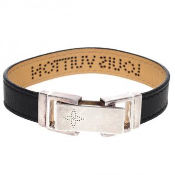 Louis Vuitton Black Leather Silver Clasp Unisex Bracelet 18 CM