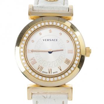 Versace White Gold-Plated Steel Leather Vanity Womens Wristwatch 34MM