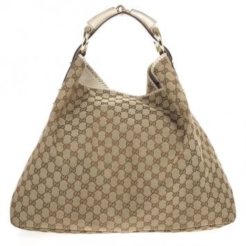Gucci Beige/Ebony GG Canvas Horsebit Medium Hobo Bag