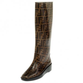Fendi Tobacco Zucca Rubber Wedge Rain Boots Size 36