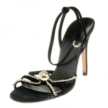 Gucci Black Suede Crystal Ankle Strap Sandals Size 36