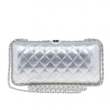 Pre Owned Chanel Silver Lambskin Small Chain Around Clutch
