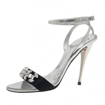 Giuseppe Zanotti Silver and Black Crystal Ankle Strap Sandals Size 37