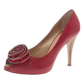 Giuseppe Zanotti Red Leather Rose Embellished Peep Toe Pumps Size 39