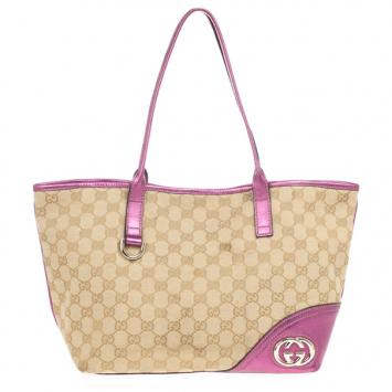 Gucci Beige and Ebony GG Canvas Britt Medium With Magenta Trim