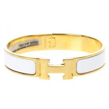 Hermes Clic Clac H White Enamel Gold Plated Bracelet