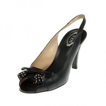 Tod's Black Leather Studded Tassel Bow Slingback Sandals Size 35.5