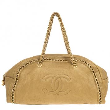 Chanel Luxe Ligne Beige Leather Chain Trim Large Bowler Boston Duffle Bag