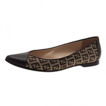 Fendi Brown Zucchino Leather and Canvas Ballet Flats Size 38