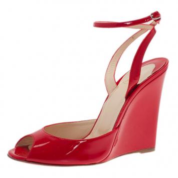Christian Louboutin Red Patent Very Very Ankle Strap Wedges Size 38