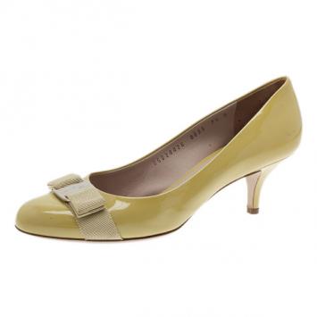Salvatore Ferragamo Yellow Patent Carla Bow Pumps Size 38