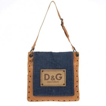 D and G Brown Leather and Denim Messenger Bag