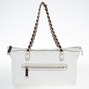 Gucci White Leather Signature Web Chain Tote 