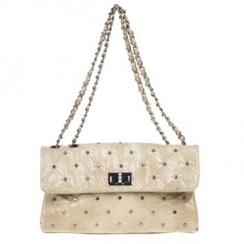 Chanel Beige Calfskin Glazed Crackled Studded Mademoiselle Flap bag
