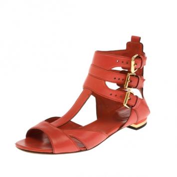 Gucci Coral Leather T Strap Iman Flat Sandals Size 38