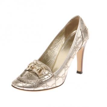 Gucci Silver Guccissima Horsebit Loafer Pumps Size 37.5