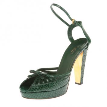 Gucci Green Cyclamin Python Platform Sandals Size 37.5