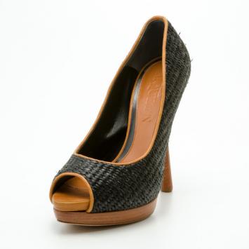Alexander McQueen Black Raffia Peep Toe Pumps Size 38