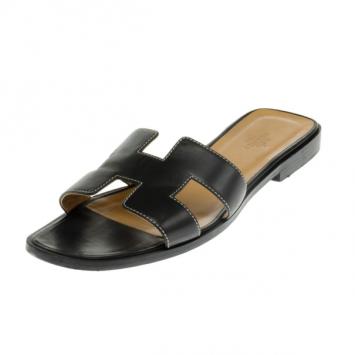 Hermes Black Leather Oran Box Sandals Size 39