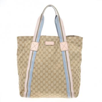 Gucci Beige GG Canvas Pink Web Tote Bag