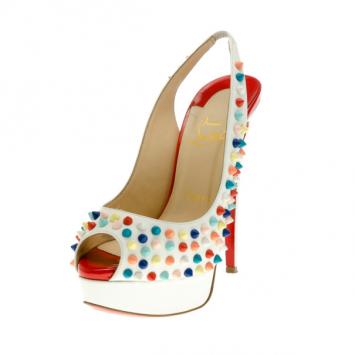 Christian Louboutin White Leather Lady Peep Multicolor Spikes Slingback Sandals Size 37.5