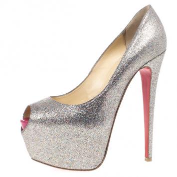 Pre Owned Christian Louboutin Glitter Highness Peep Toe Platform Pumps Size 39.5