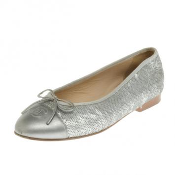 Chanel Silver CC Cap Toe Sequins Ballet Flats Size 37.5