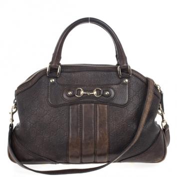 Gucci Brown Cathrine Medium Monogram Top Handle Bag with Horsebit Detail