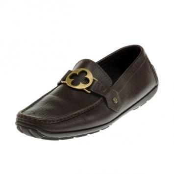 Pre Owned Louis Vuitton Brown Embossed Leather Flower Logo Loafers Size 42
