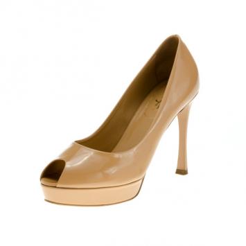 Saint Laurent Paris Beige Patent Palais Peep Toe Platform Pumps Size 39