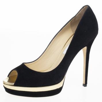 Jimmy Choo Black Suede Brulee Platform Peep Toe Pumps Size 38