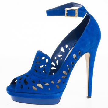 Jimmy Choo Blue Suede Kalan Platform Ankle Strap Pumps Size 39.5