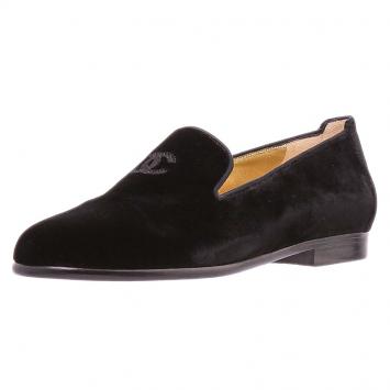 Chanel Black Velvet CC Smoking Slippers Size 37.5