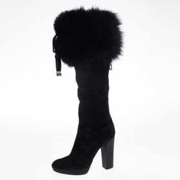 Dior Black Suede Cannage Fur Detail Knee Length Boots Size 37