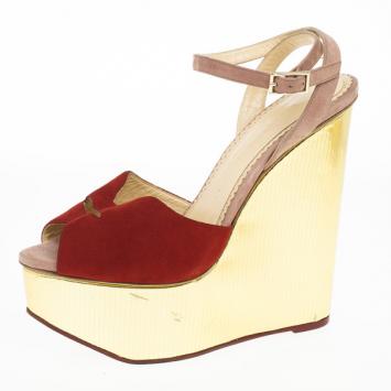 Charlotte Olympia Red Suede Pucker Up Platform Ankle Strap Wedge Sandals Size 40 