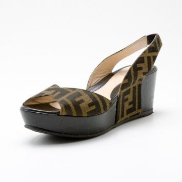 Fendi Tobacco Zucca Canvas Slingback Wedges Size 37.5