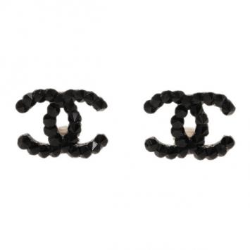 Chanel CC Black Crystal Silver Tone Earrings