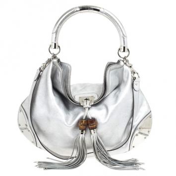 Pre Owned Gucci Silver Leather Indy Top Handle Bag